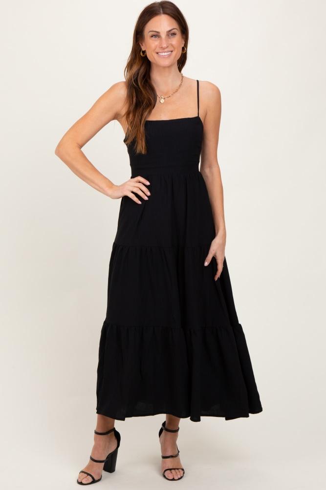 black tiered cutout tie back midi dress