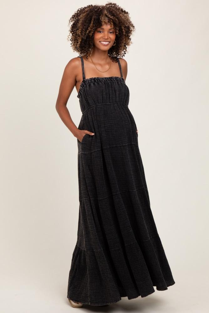 black tiered sleeveless maternity maxi dress