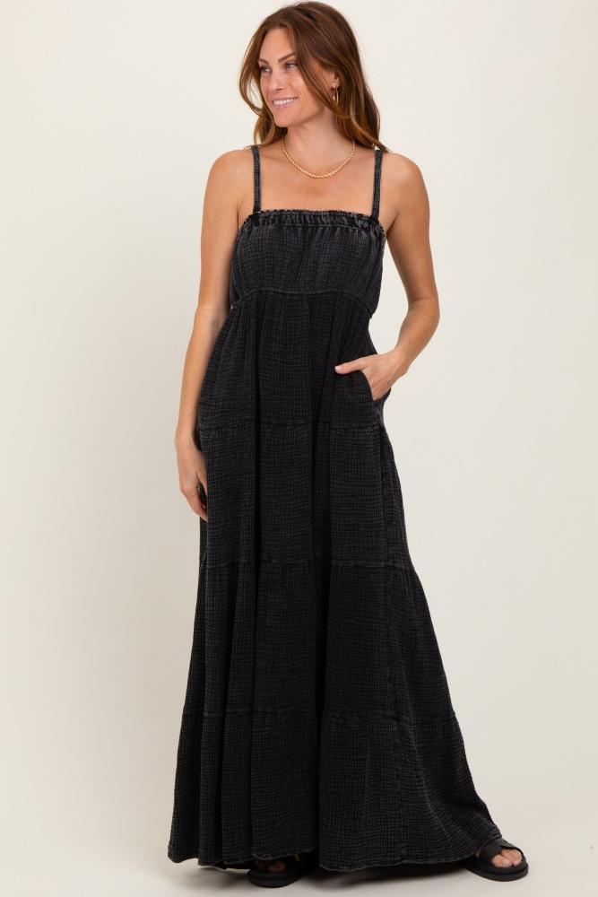 black tiered sleeveless maxi dress