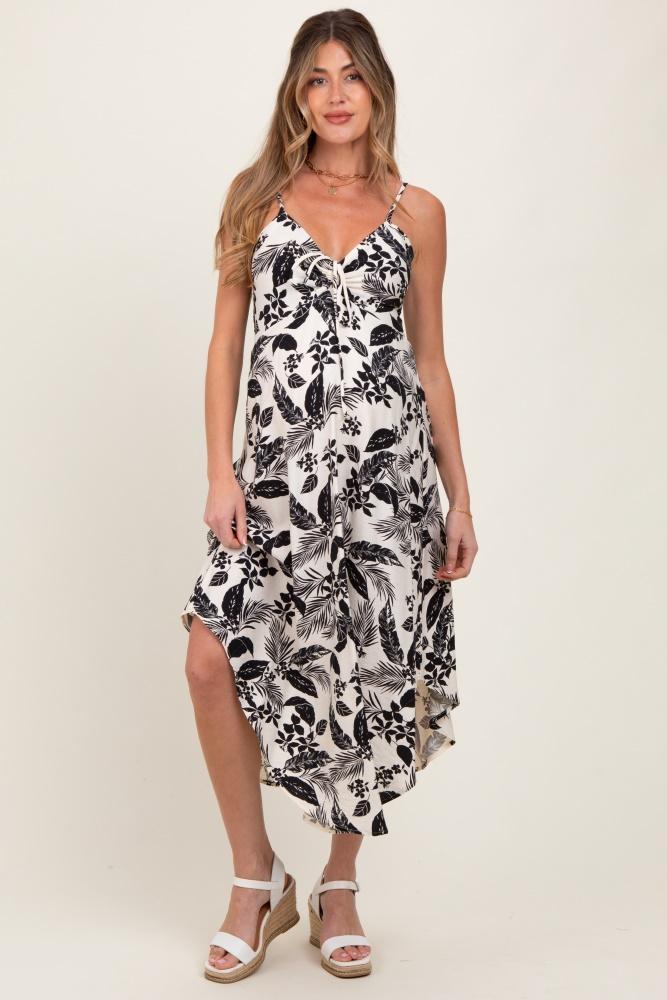 black tropical floral front cinched tie maternity midi dress