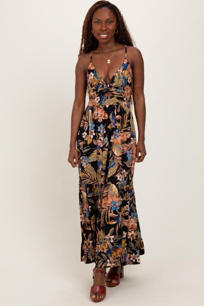 black tropical print twist front cutout maxi dress