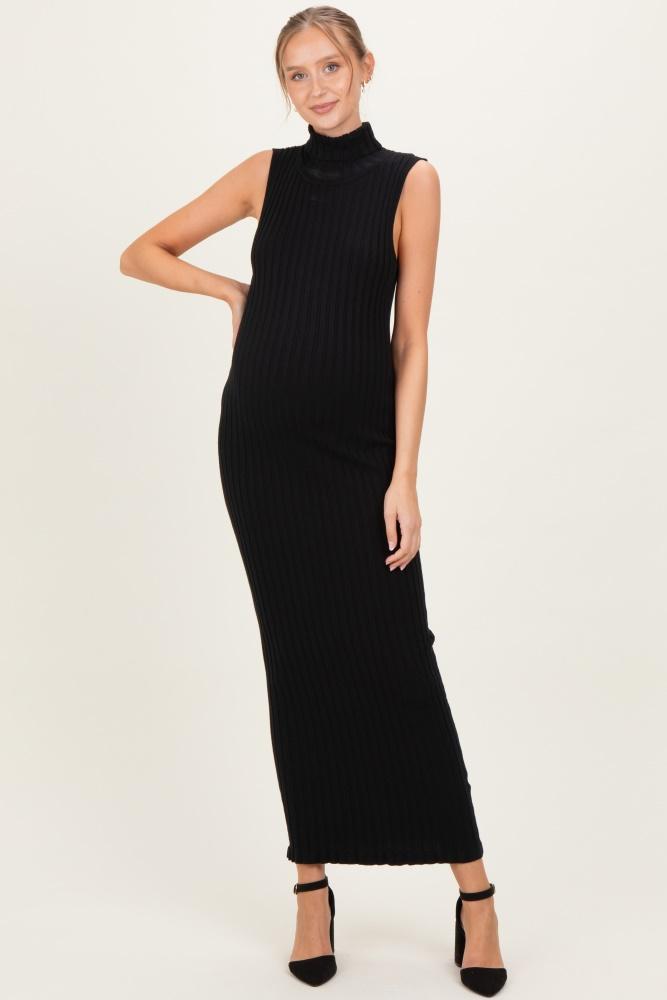 black turtleneck ribbed knit sleeveless maternity maxi dress