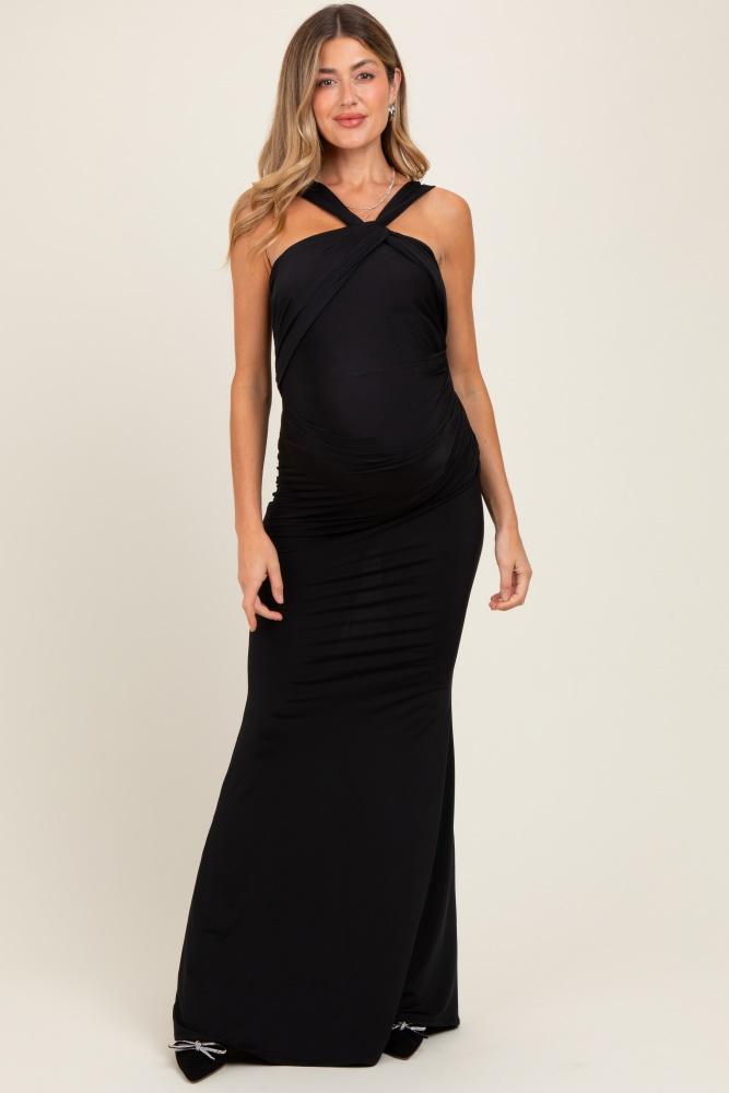 black twist front ruched maternity maxi dress