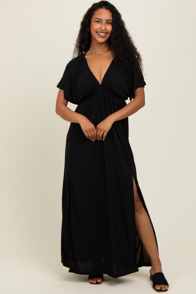 black v-neck flutter sleeve side slit maxi dress