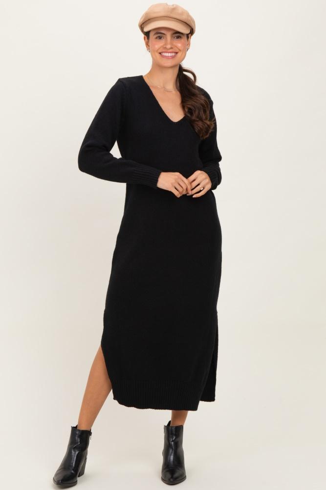 black v-neck relaxed fit sweater dress