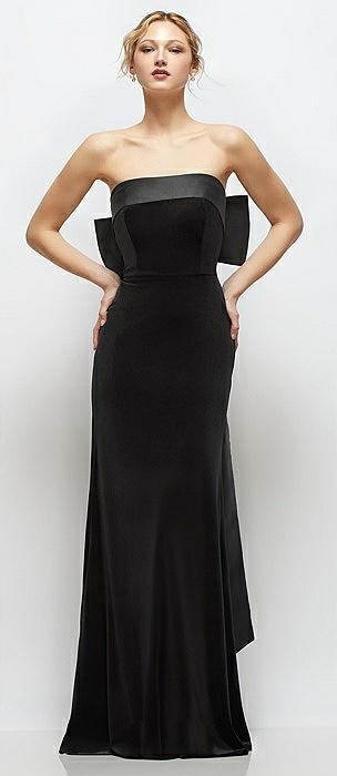 black velvet maxi dress with strapless satin cuff & long bow at back