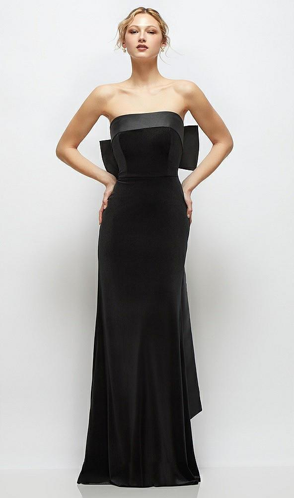 black velvet maxi dress with strapless satin cuff & long bow at back