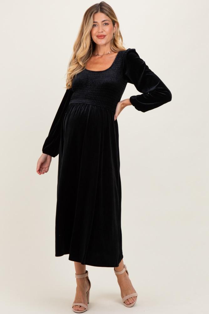 black velvet smocked long sleeve maternity midi dress