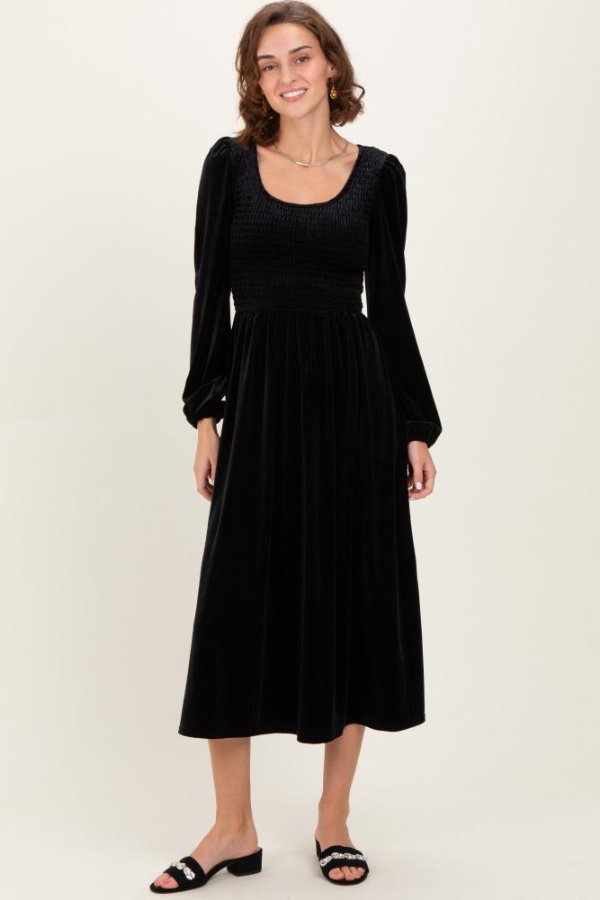 black velvet smocked long sleeve midi dress