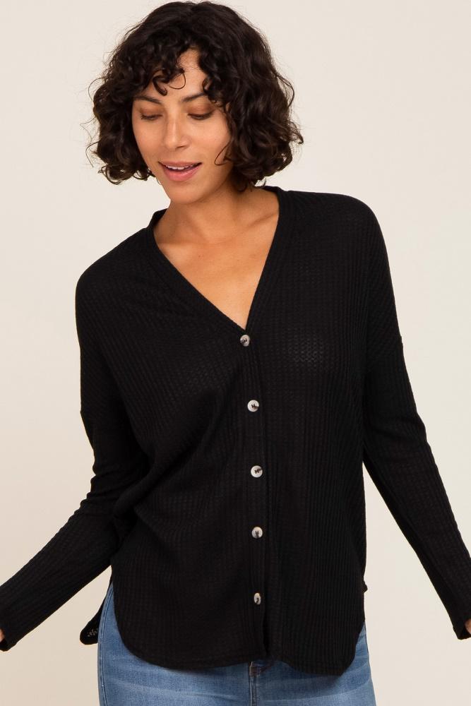 black waffle knit button down top