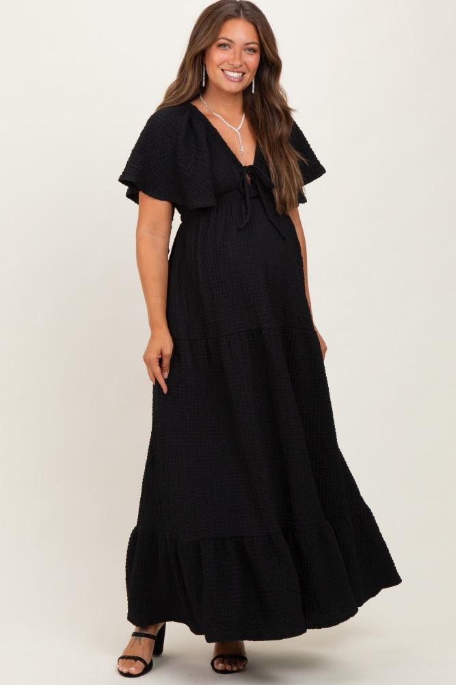 black woven textured flutter sleeve v-neck tiered maternity maxi dress