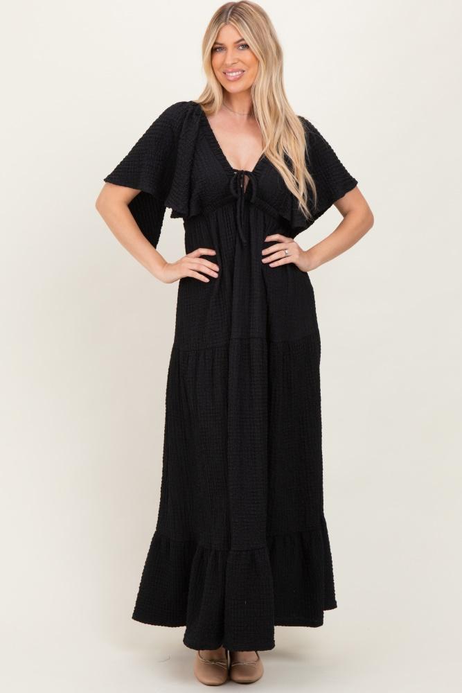 black woven textured flutter sleeve v-neck tiered maxi dress