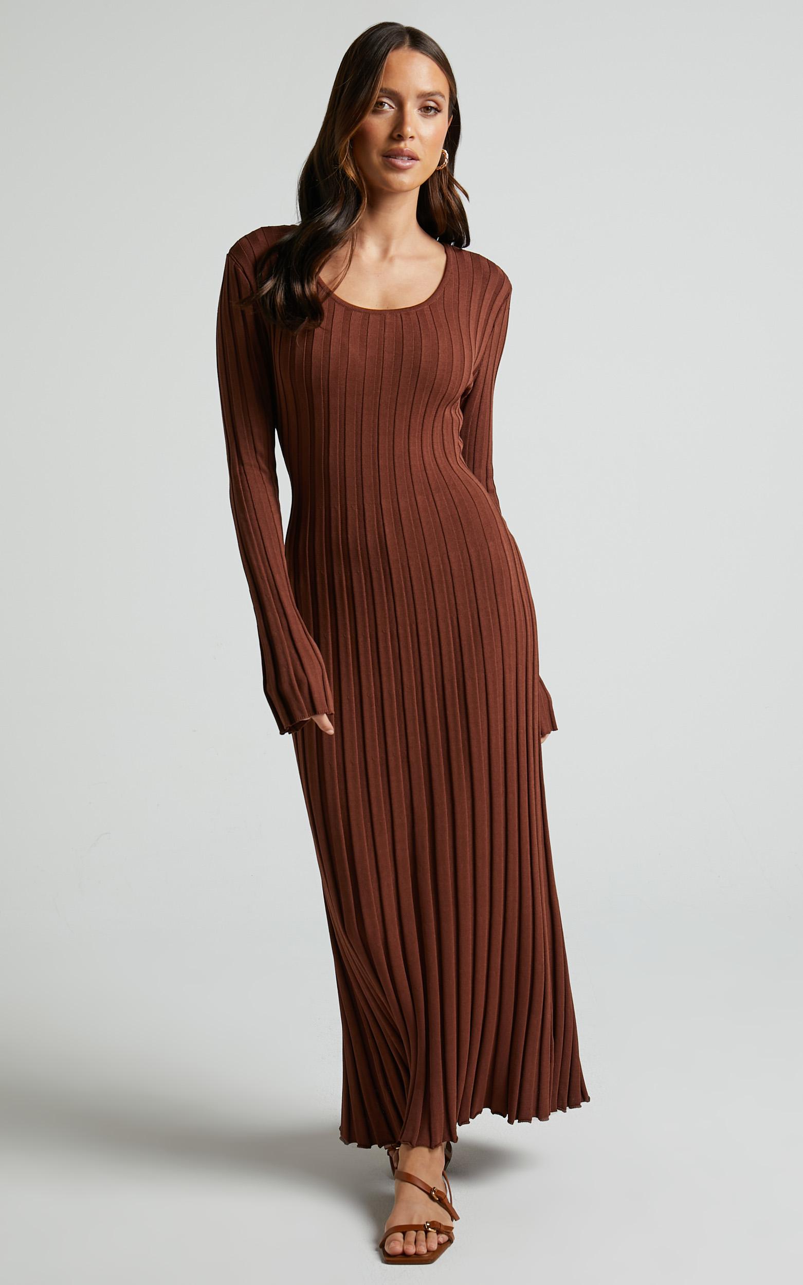 blaire midi dress - long sleeve tie back flare dress in chocolate