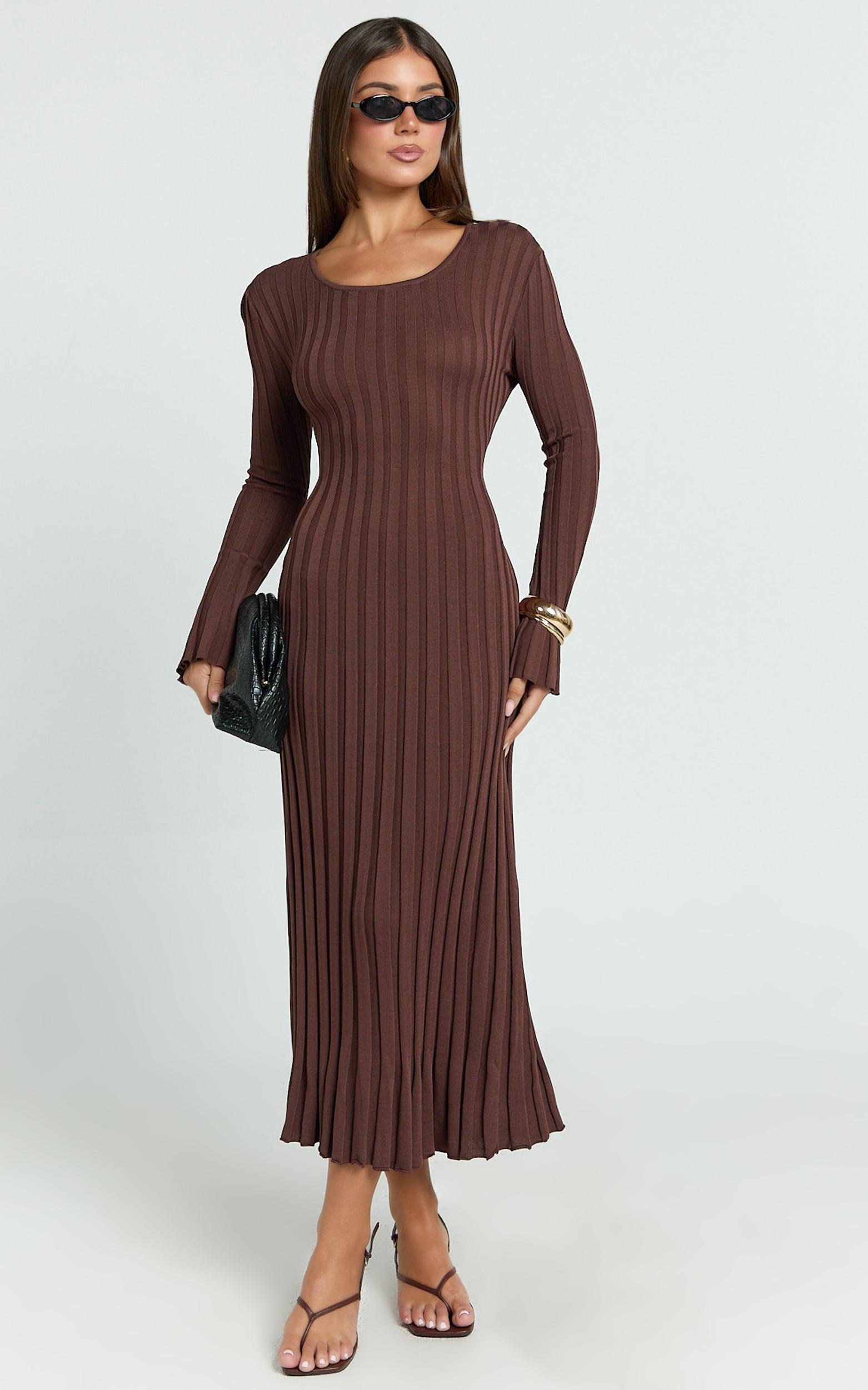 blaire midi dress - long sleeve tie back flare dress in dark chocolate