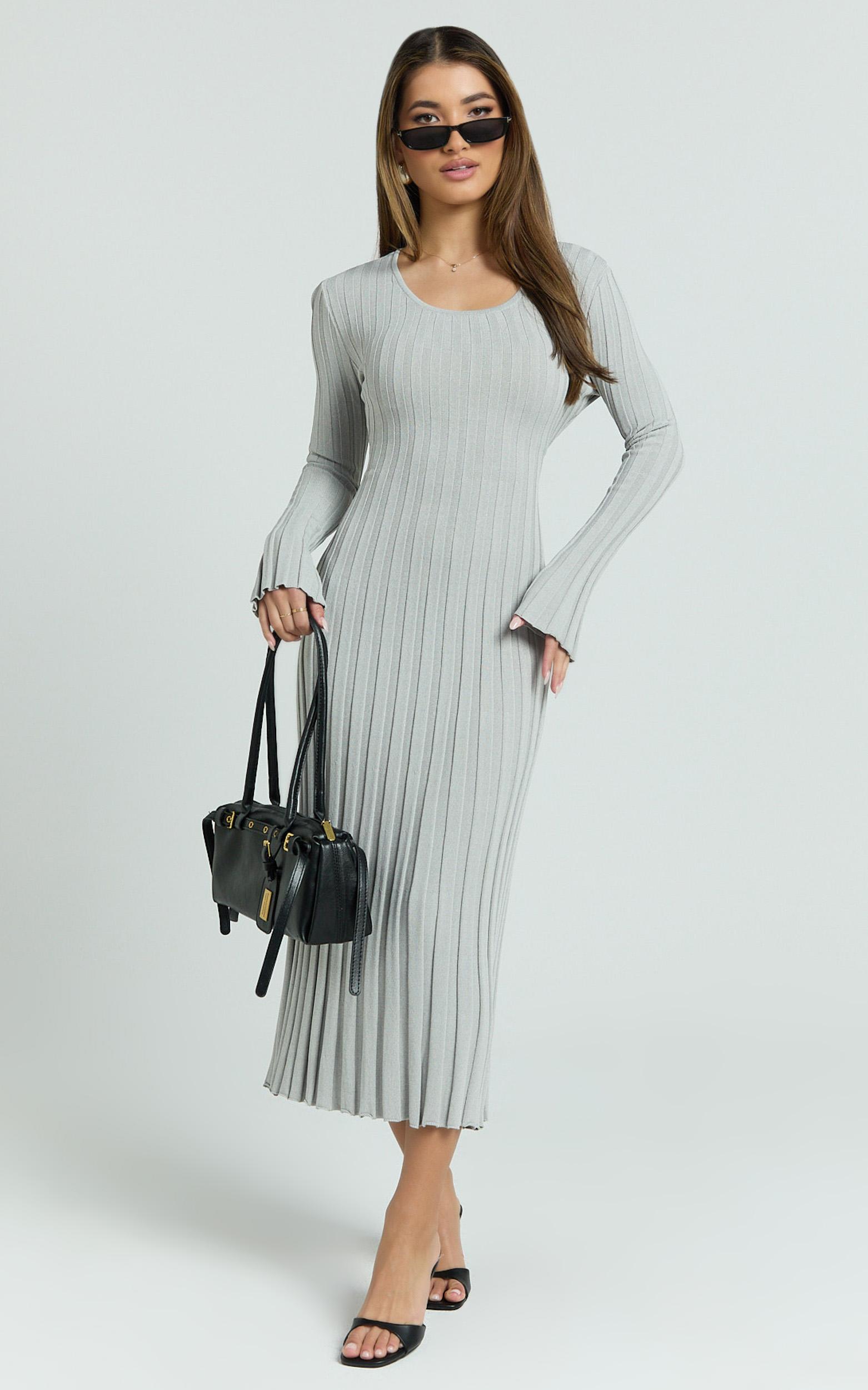 blaire midi dress - long sleeve tie back flare dress in grey marle