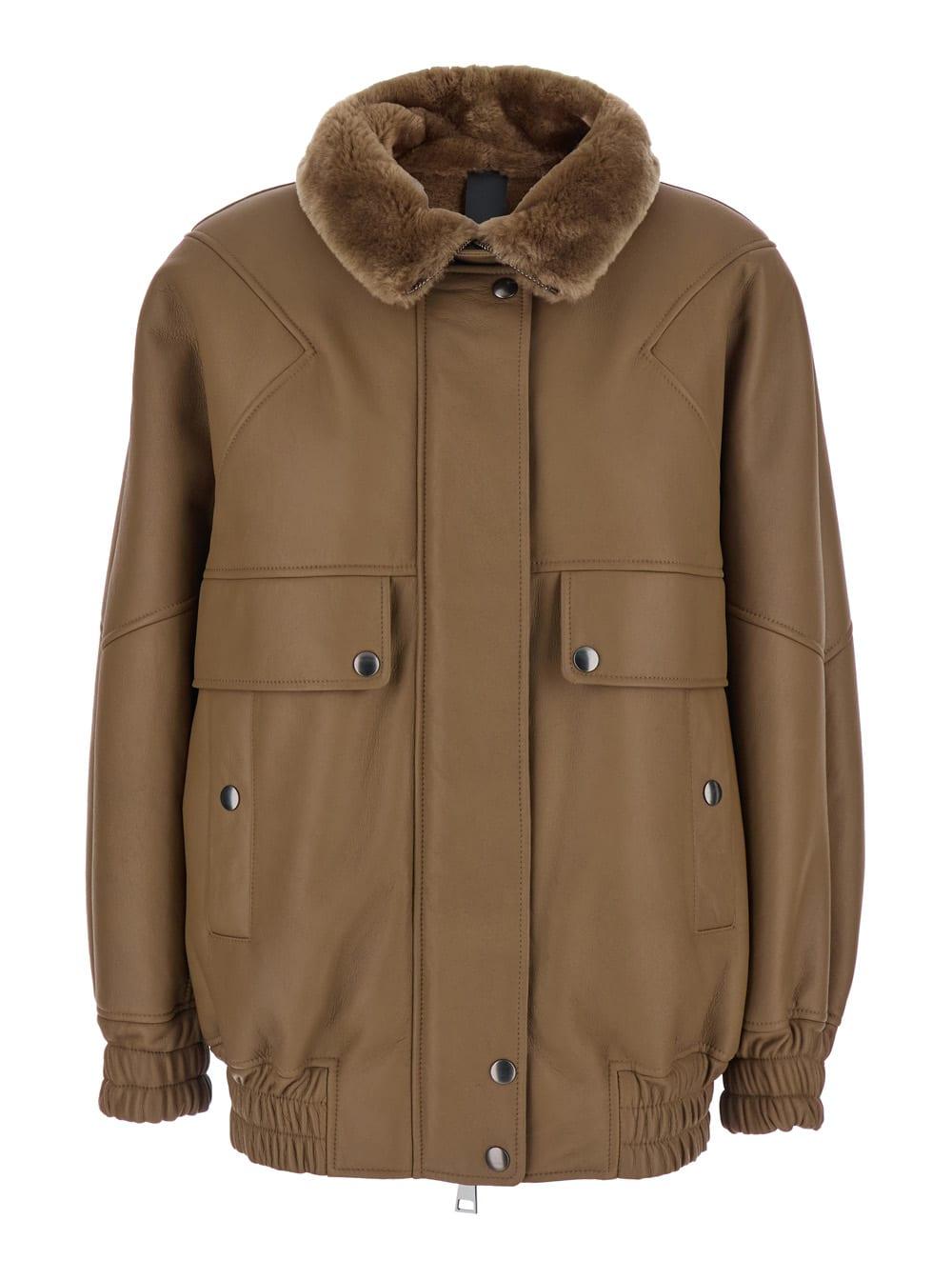 blancha brown bomber jacket with fur collar and patch pockets in leather woman
