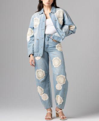 blank nyc womens crochet doily chore jacket barrel leg jeans