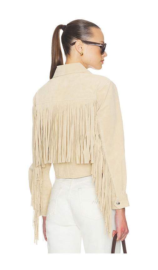 blanknyc fringe jacket in tan.