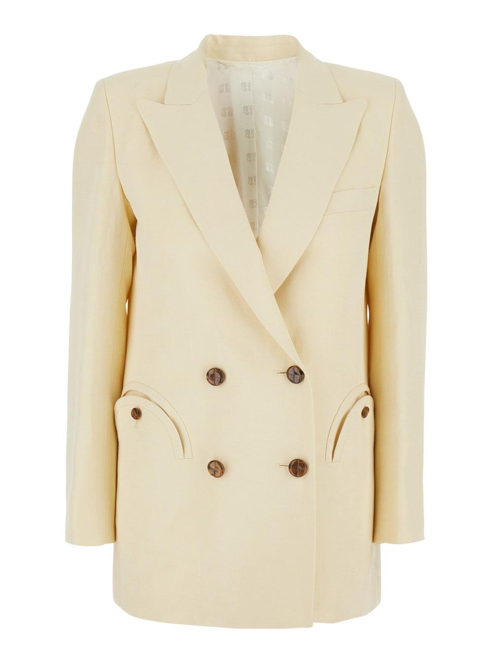 blazé milano midday sun beige double-breasted jacket with peak revers in linen and silk blend for women