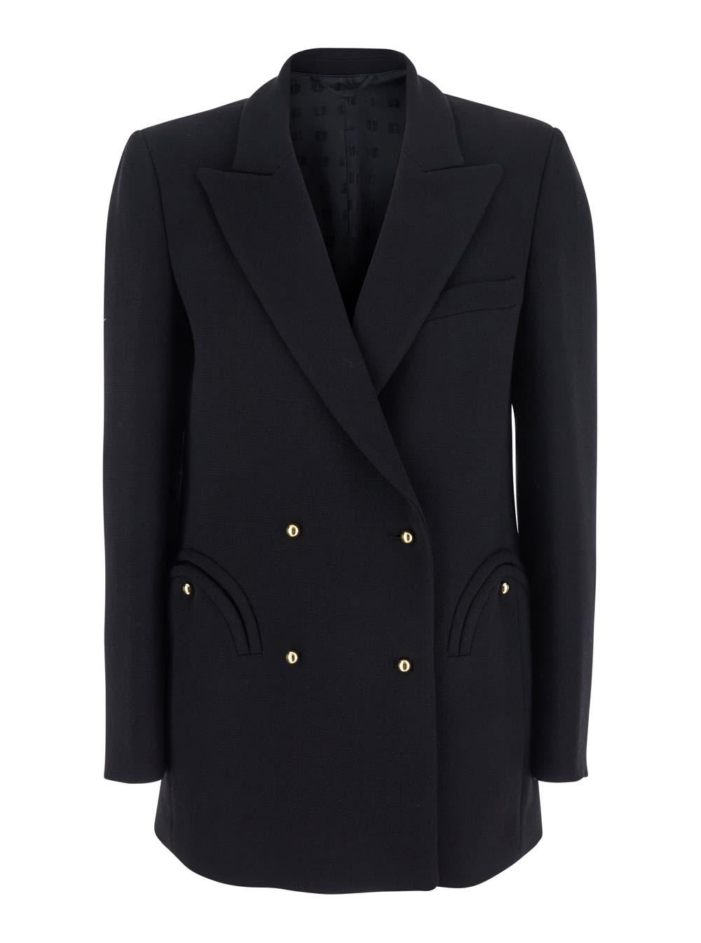 blazé milano resolute black double-breasted jacket with v neck and peak revers in wool woman