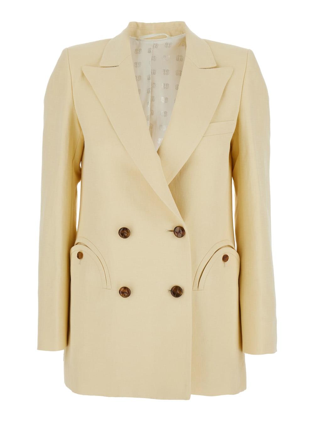 blazé milano savannah beige double-breasted jacket with peak revers in linen and silk blend woman
