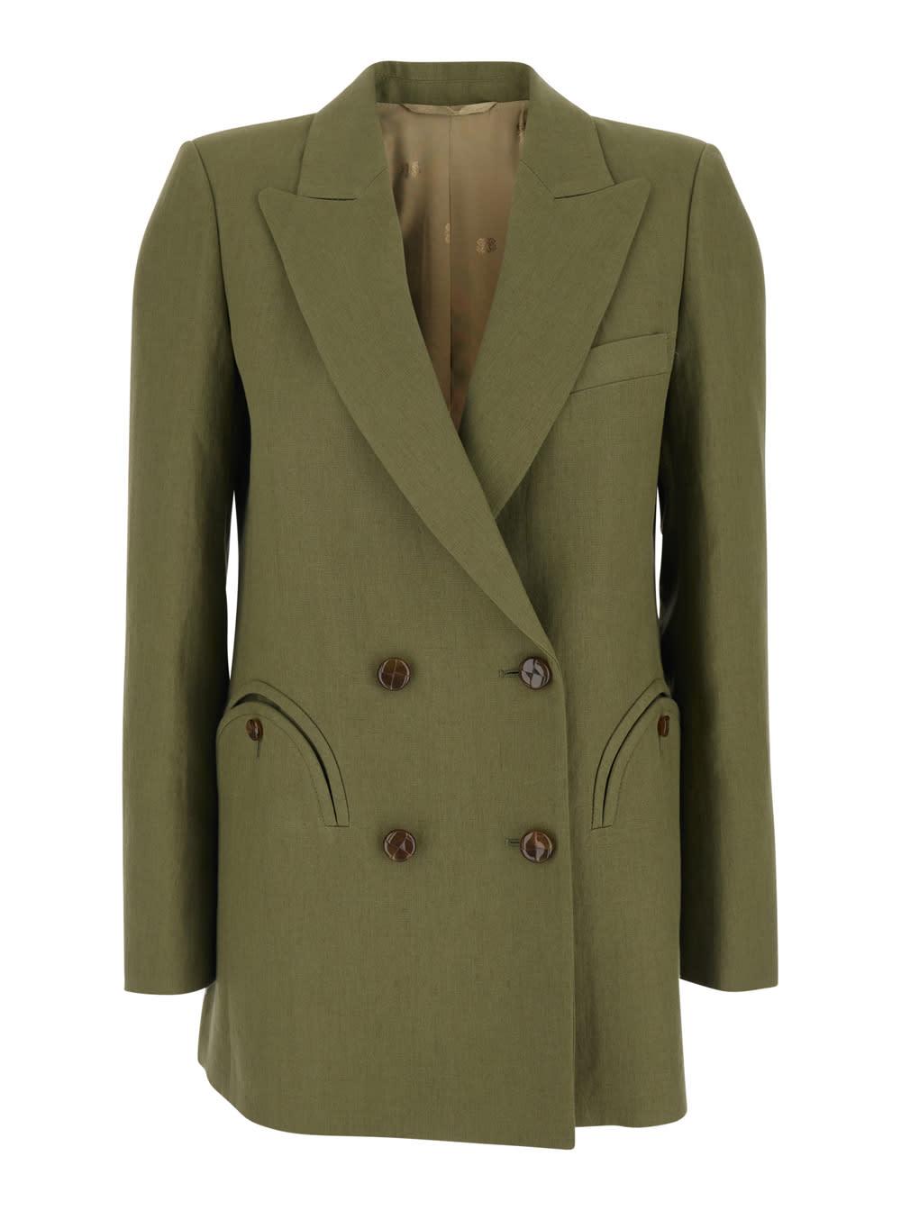 blazé milano zenith green double-breasted jacket with peak revers in viscose blend for women