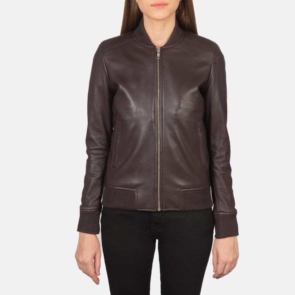 bliss maroon leather bomber jacket