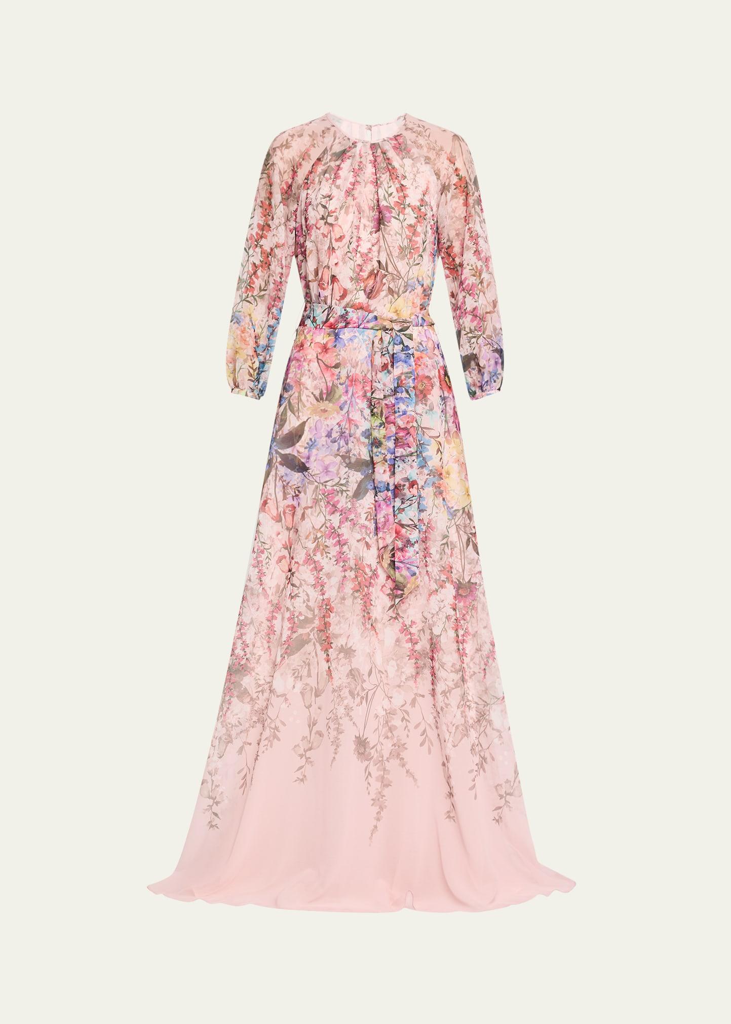 blouson-sleeve floral-print chiffon gown