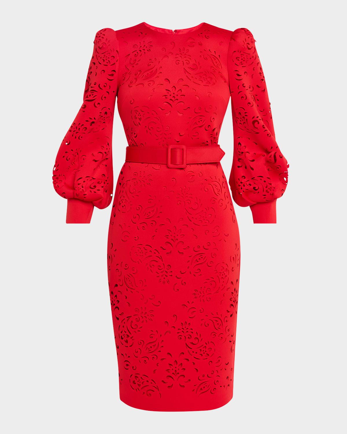 blouson-sleeve paisley cutout dress