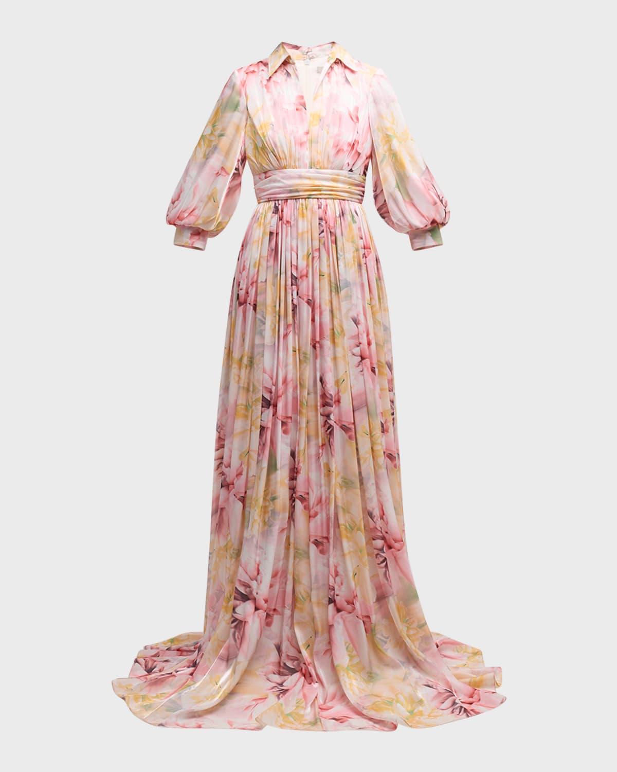 blouson-sleeve shimmer floral-print empire gown