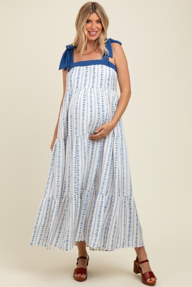 blue/white ditzy floral sleeveless tiered maternity maxi dress