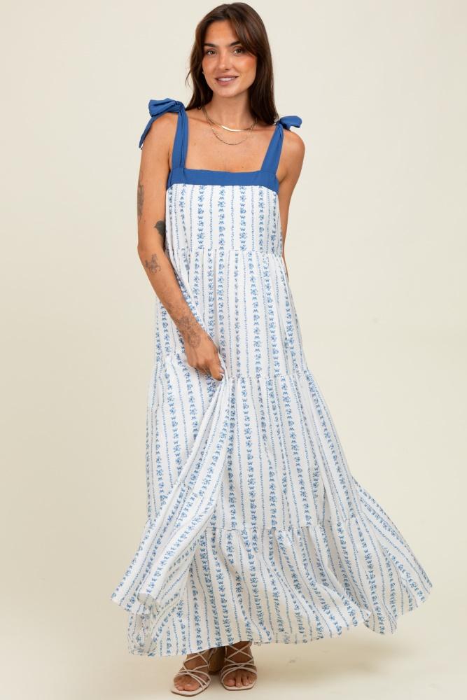 blue/white ditzy floral sleeveless tiered maxi dress