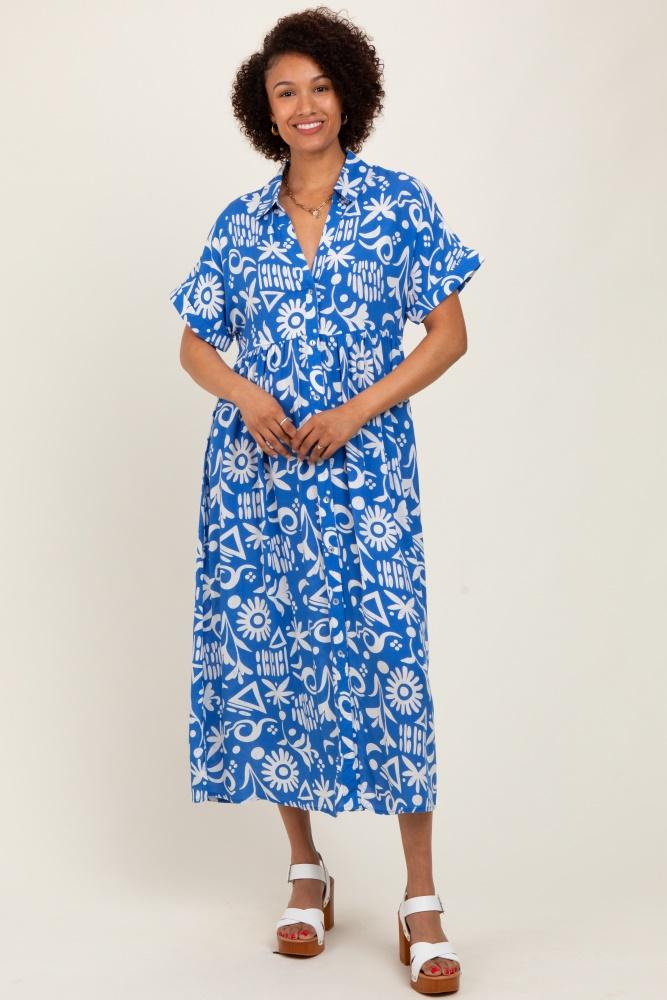 blue abstract floral shirt midi dress