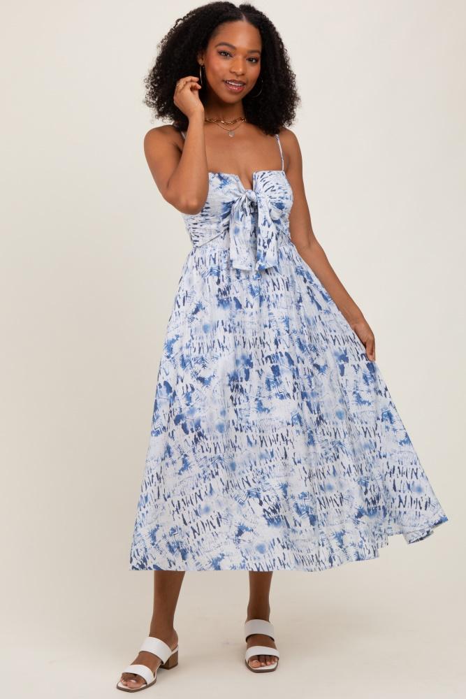 blue adjustable strap tie front midi dress