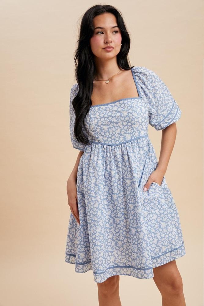 blue aura contrast binded floral mini dress