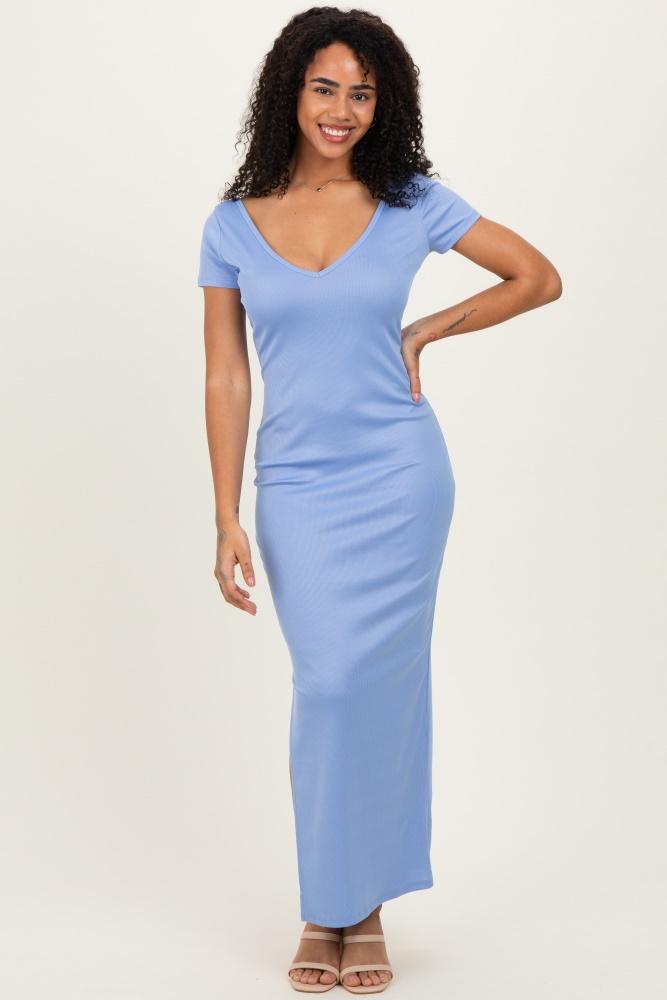 blue basic ribbed side slit midi dress