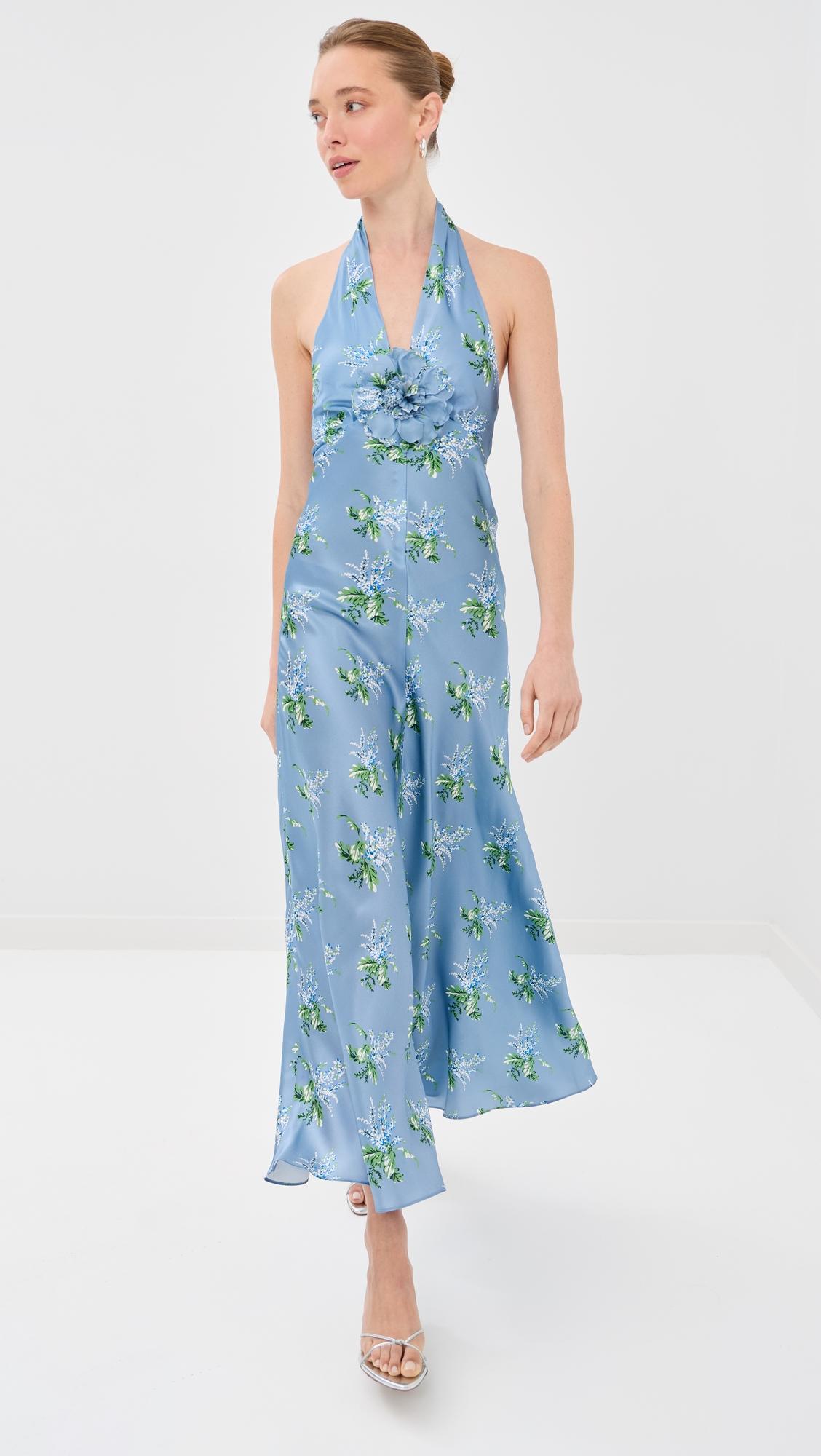 blue bouquet floral silk satin dress
