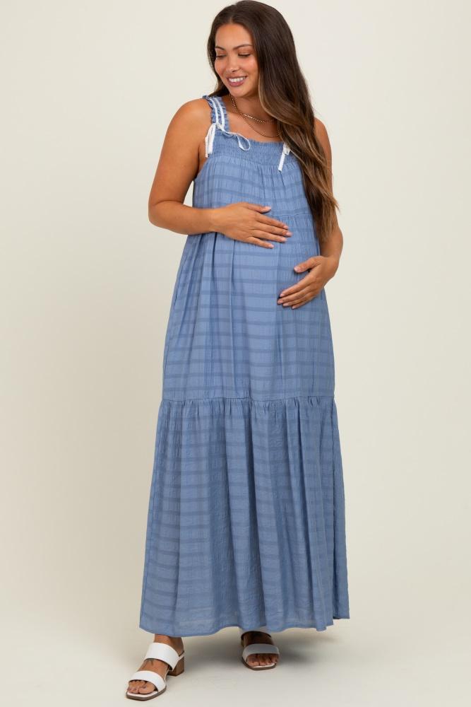 blue bow tie accent tiered maternity maxi dress