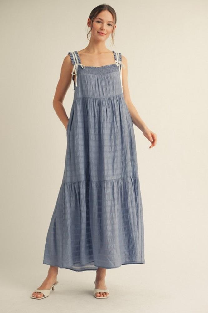 blue bow tie accent tiered maxi dress
