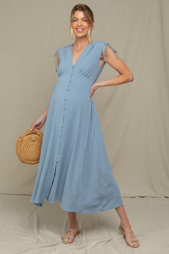 blue button-down polka dot shirred bow maternity midi dress