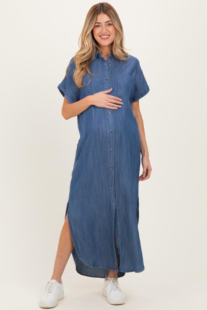 blue chambray button down maternity shirt dress
