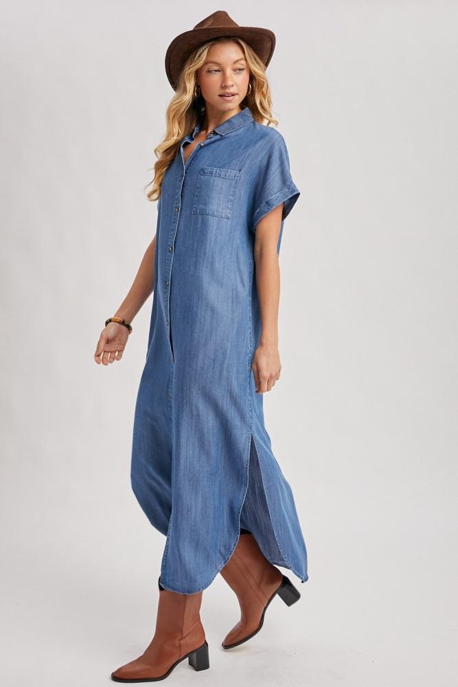 blue chambray button down shirt dress