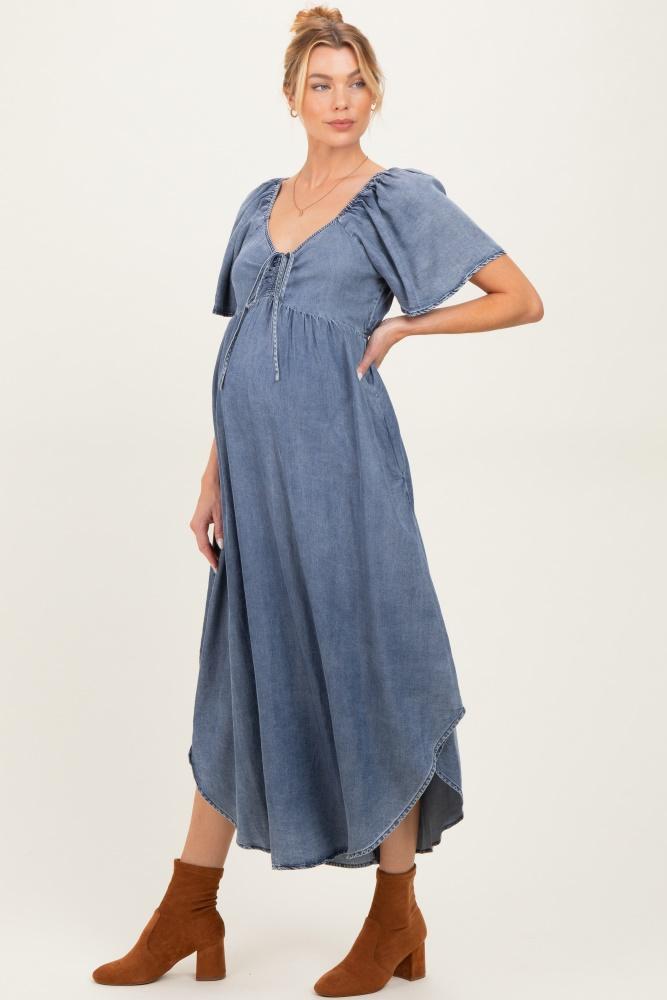 blue chambray cinched tie bust maternity maxi dress