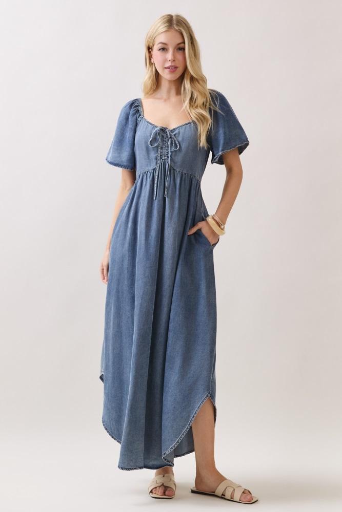 blue chambray cinched tie bust maxi dress