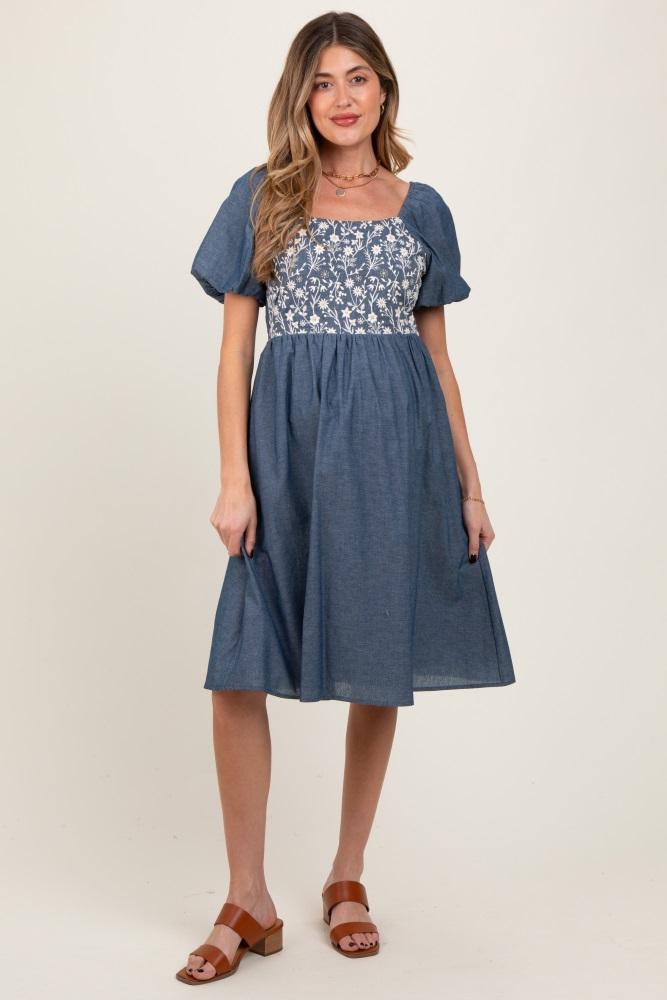 blue chambray floral embroidered short sleeve maternity midi dress