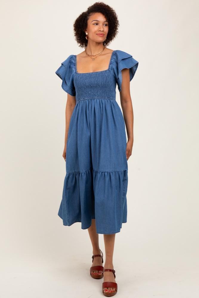 blue chambray smocked flutter sleeve dress