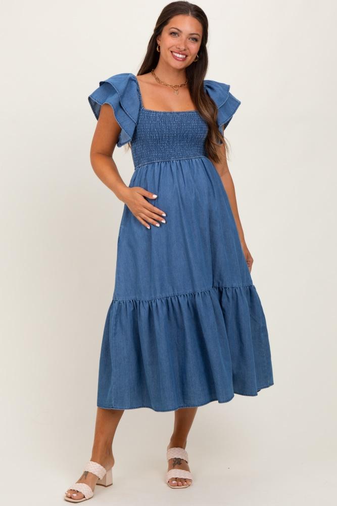 blue chambray smocked flutter sleeve maternity dress