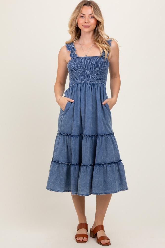 blue chambray smocked ruffle tiered midi dress