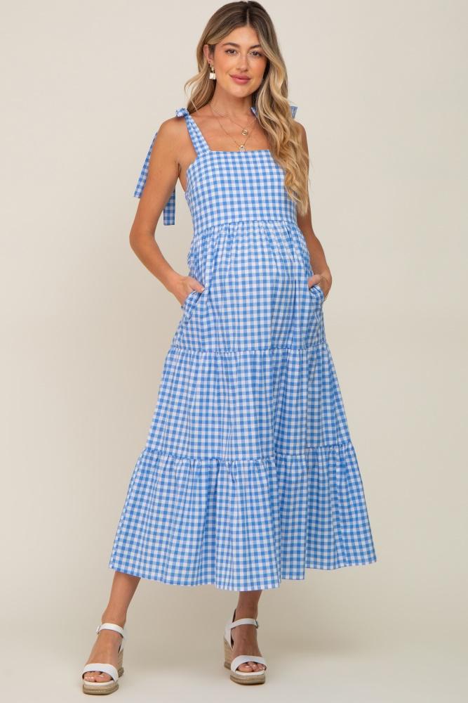 blue checkered sleeveless tiered maternity maxi dress