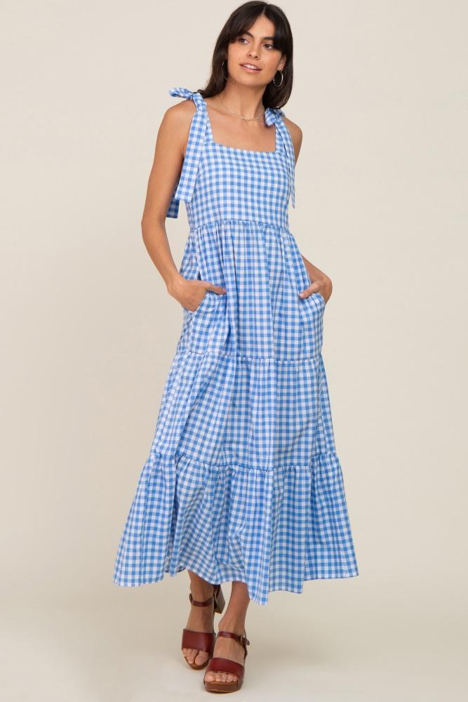 blue checkered sleeveless tiered maxi dress